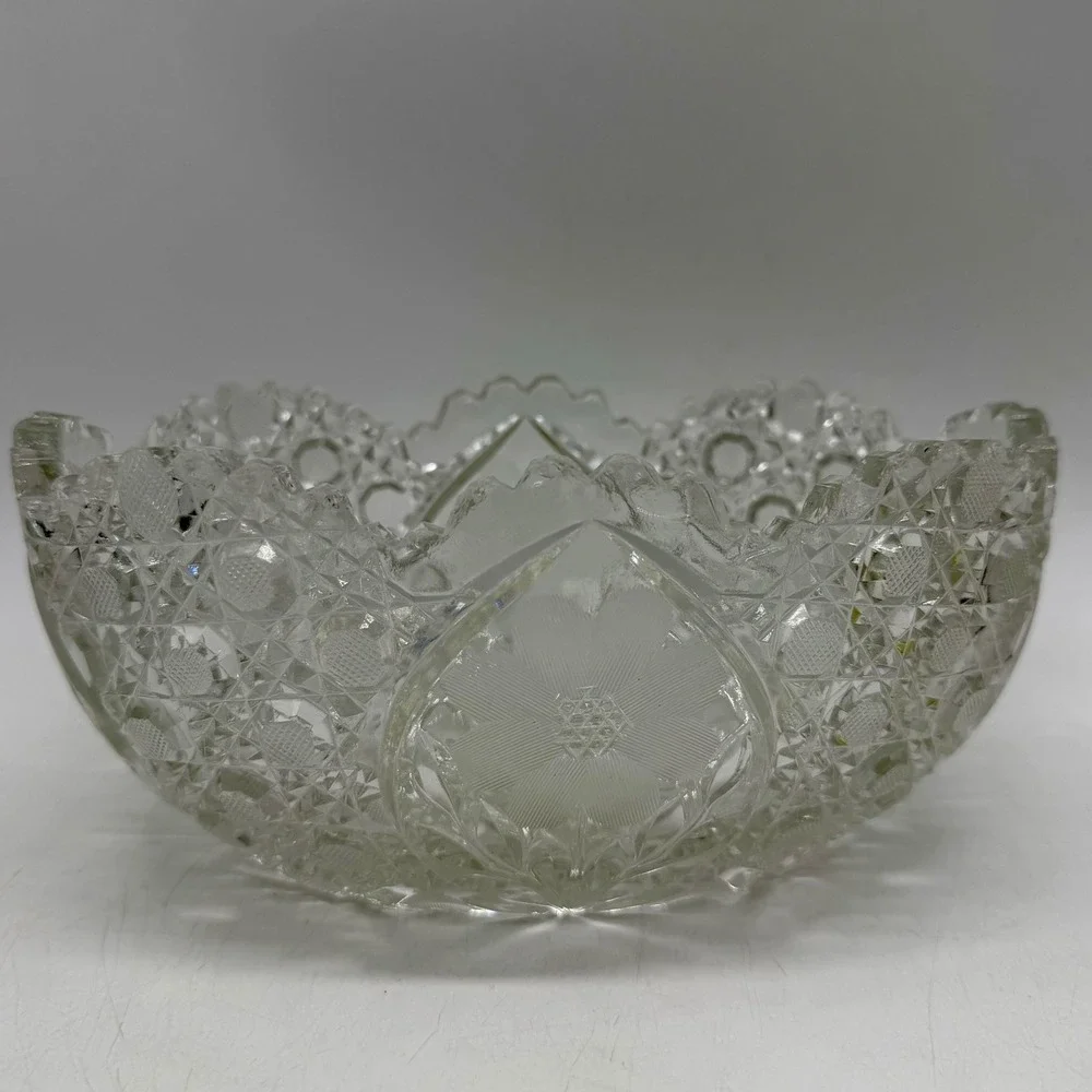 Vintage Clear Pressed Glass Oval Bowl Floral Diamond Cut Sawtooth Centerpiece